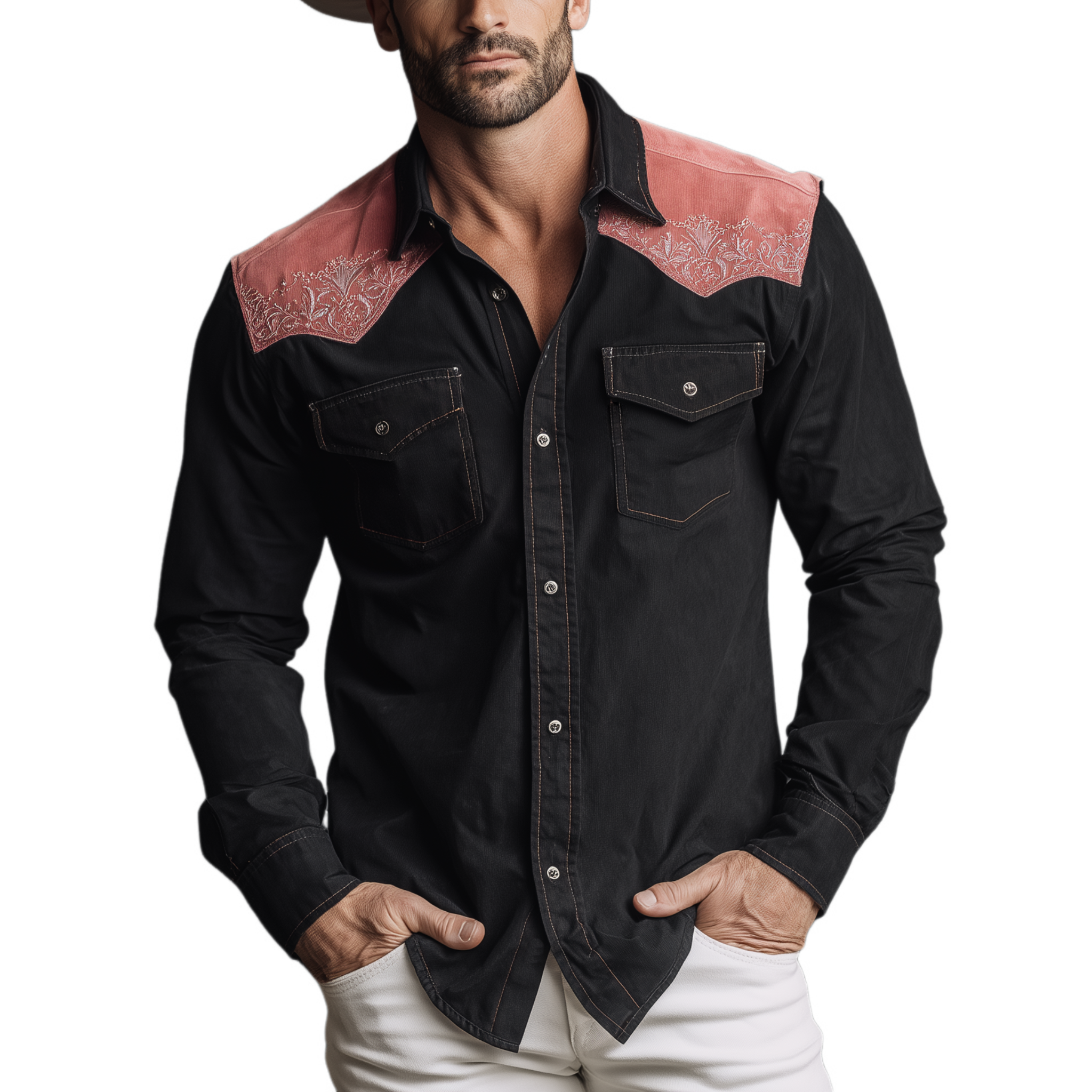 Men's Classic Retro Western Style Shoulder Pink Suede Embroidery Patchwork Cotton Blend Long Sleeve Shirt MTA2239H3K
