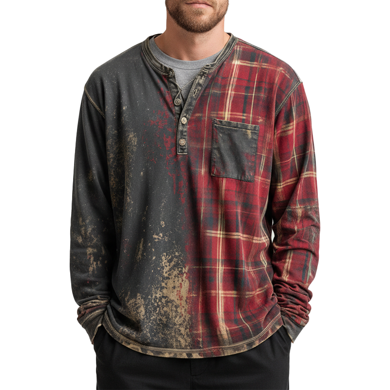 Men's Vintage Polyester Blend Printed Long Sleeve Henley MTA2788J4P