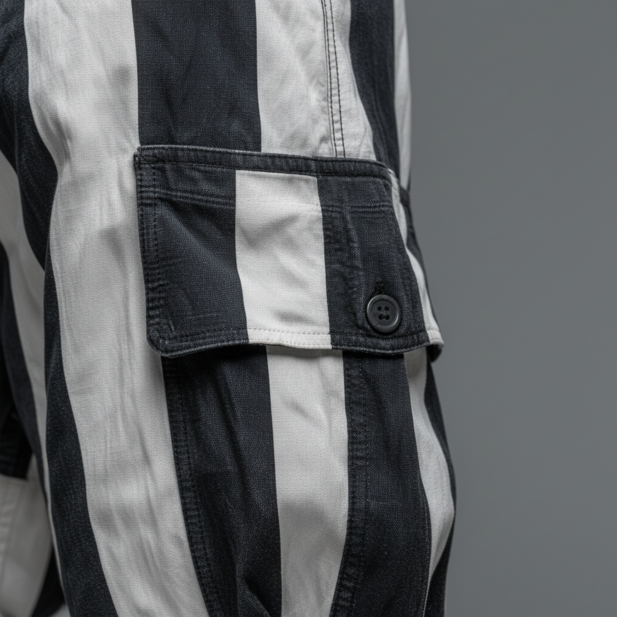 Men's Casual Black And White Striped Blend Elastic Waist Cargo Pants MTA2971J9K