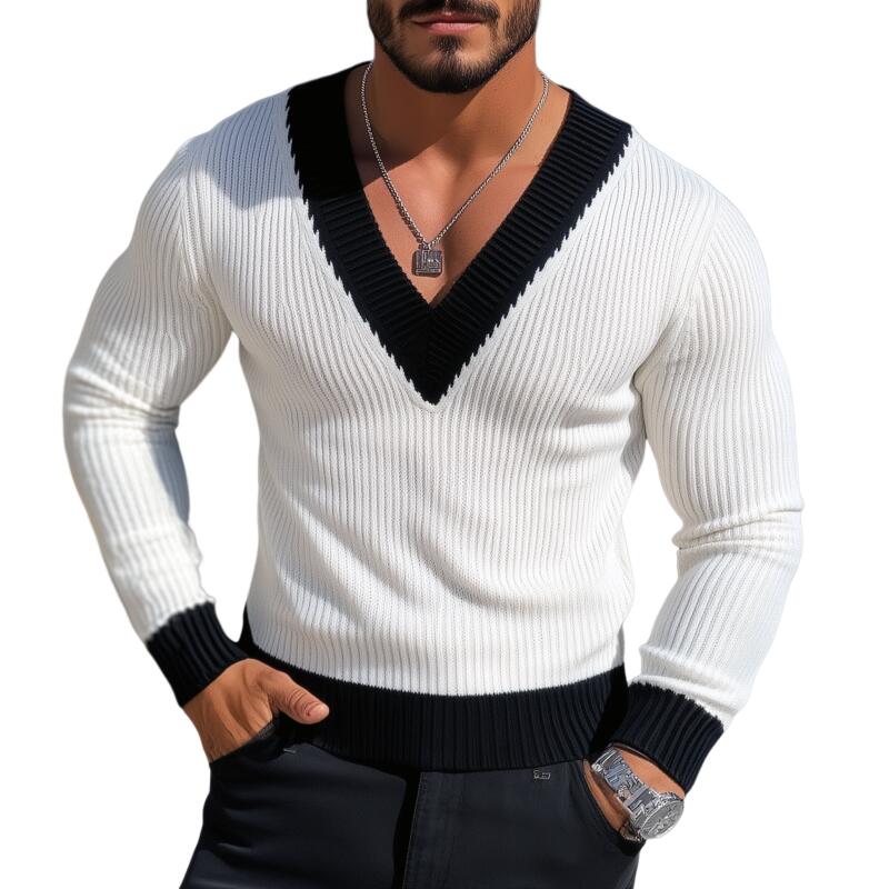 Men's Vintage Contrast Color V-Neck Slim Fit Knit Pullover Sweater MTA2802H5M