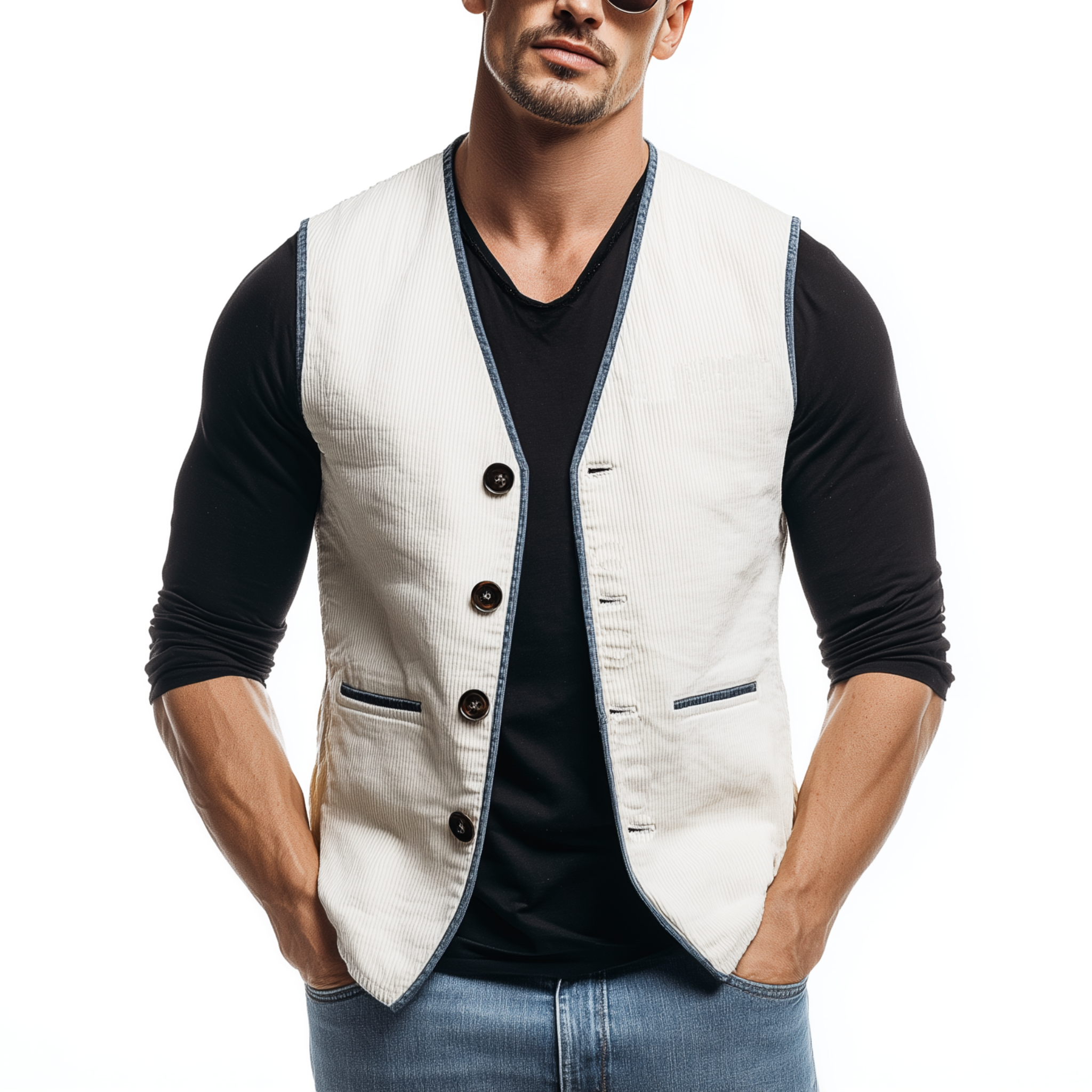 Men's Classic Casual V-neck Contrasting Hem Corduroy Vest MTA3112G0K