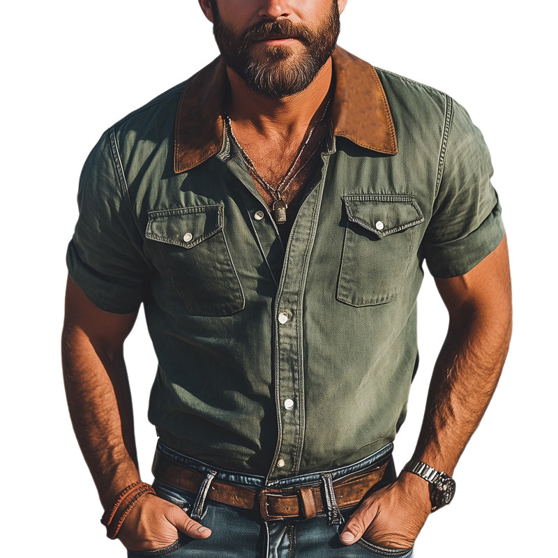 Men's Summer Western Cowboy Style Colorblock Denim Short-Sleeved Shirt MTA1563E0U