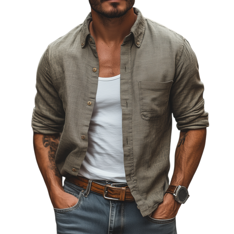 Men's Casual Breathable Linen Lapel Patch Pocket Slim Fit Long Sleeve Shirt MTA0308G0M