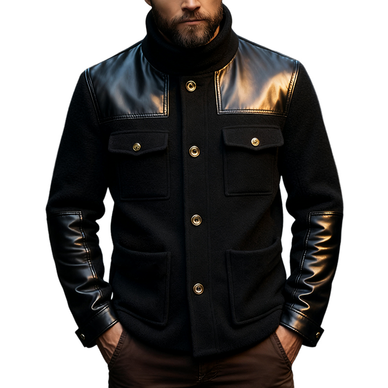 Men's Retro Casual Faux Leather Stitching Stand Collar Multi-Pocket Button Jacket MTA2467J1TO