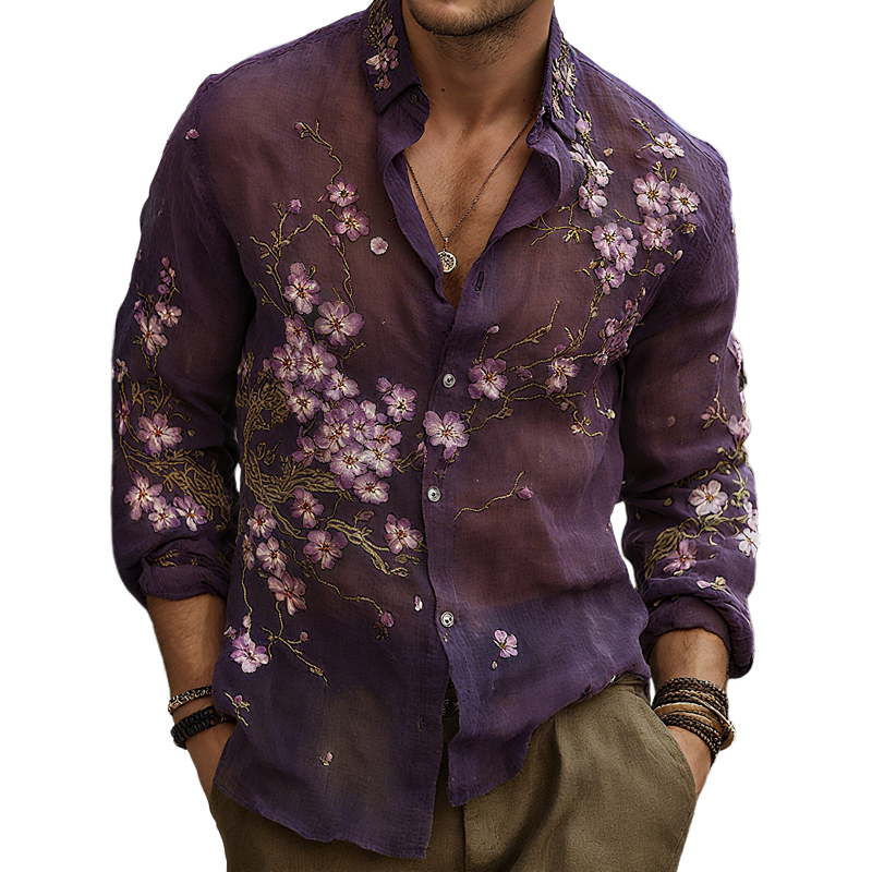 Men's Vintage Sakura Embroidered Lapel Long Sleeve Cotton And Linen Shirt MTA3110G9Z