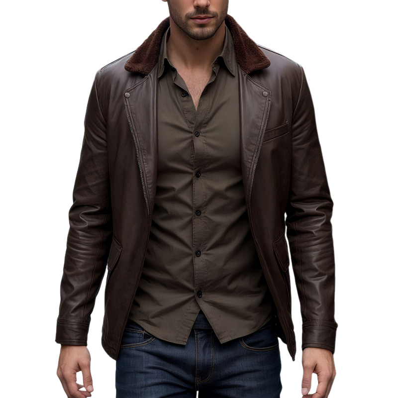 Men's Faux Fur Lapel Splicing PU Leather Zipper Jacket MTA1260I1Z