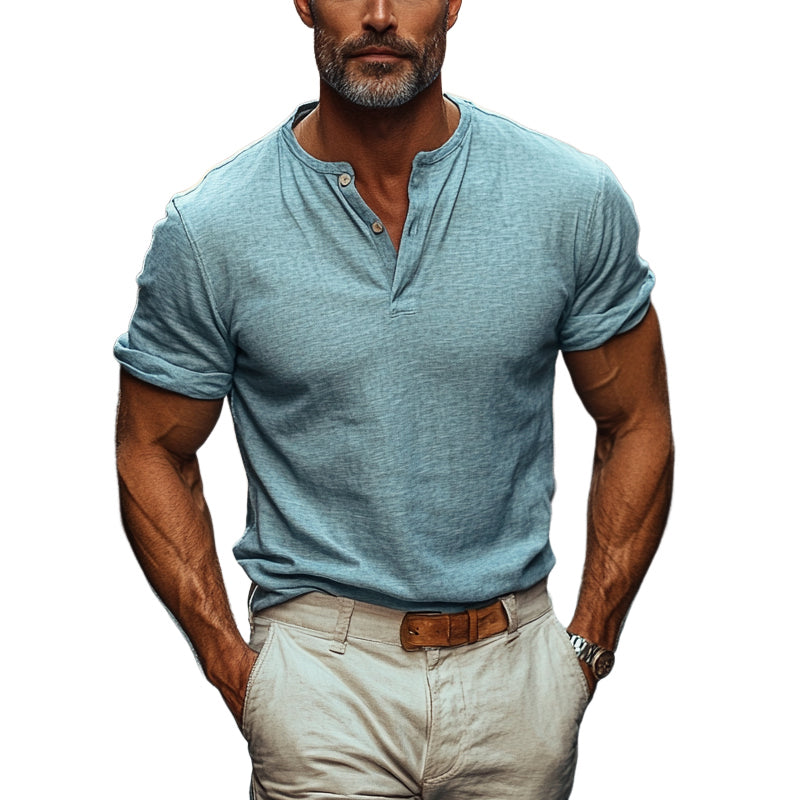 Men'S Solid Cotton And Linen Short-Sleeved Button T-Shirt MTA1043E4X