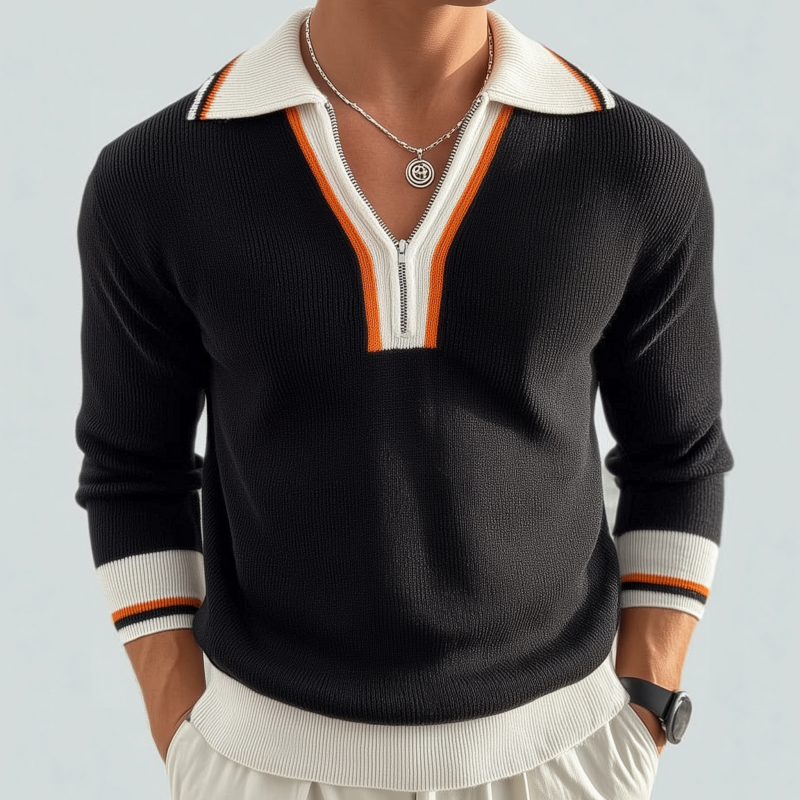 Men's Casual Contrast Color Zipper Lapel Slim Fit Knitted Long Sleeve Polo Shirt MTA3105G3M