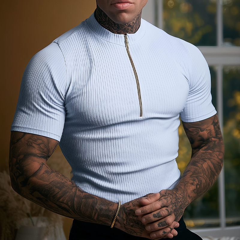 Men's Slim Fit Knitted Half-zip Pullover Short-sleeved Shirt MTA1785G8X