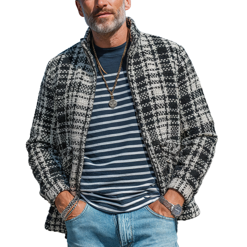 Men's Autumn And Winter Vintage Checkered Tweed Jacket Coat MTA1946I6P