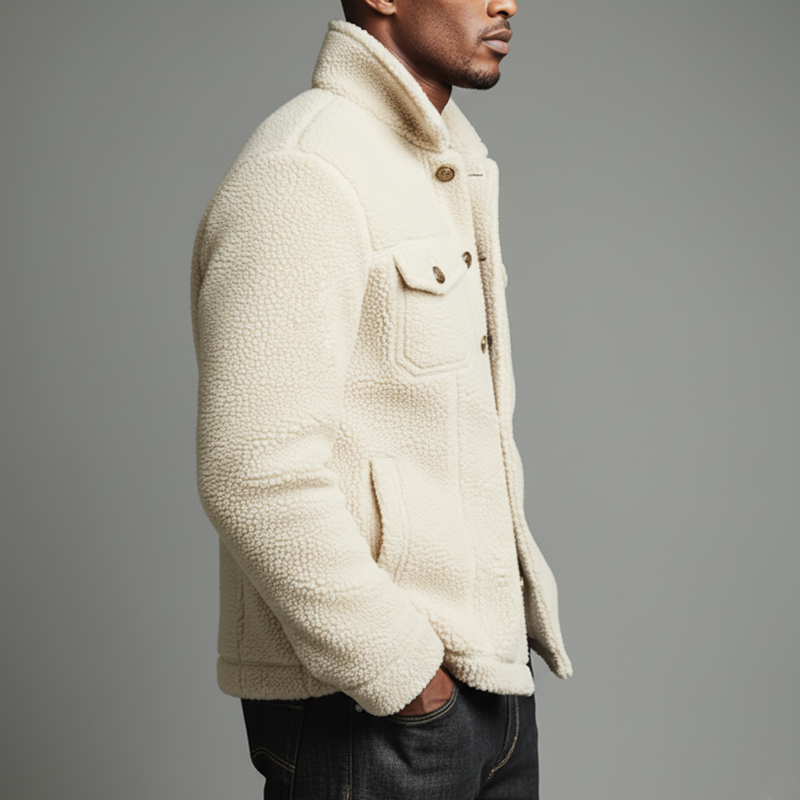 Men's Urban Style Off-white Fleece Button-up Slim-fit Jacket MTA2541K5U