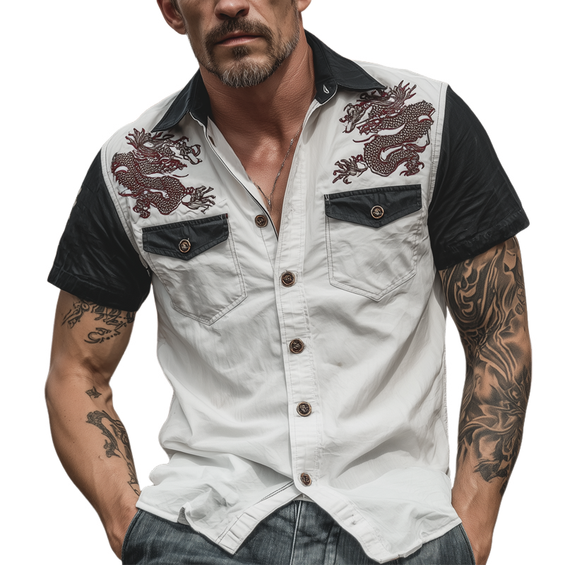Men's Contrast Dragon Print Short Sleeve Shirt MTA0391G7X