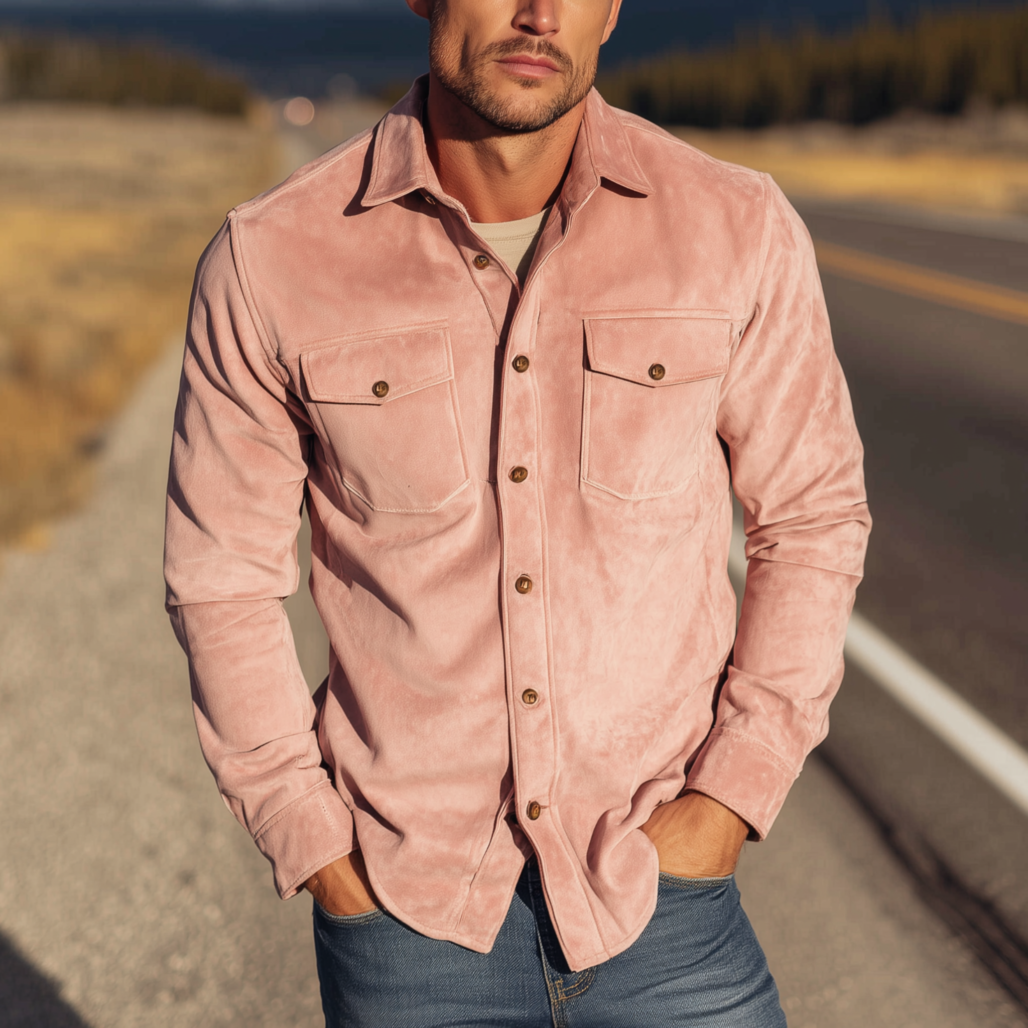 Men's Classic Retro Western Cowboy Style Suede Long Sleeve Shirt MTA0653H9K