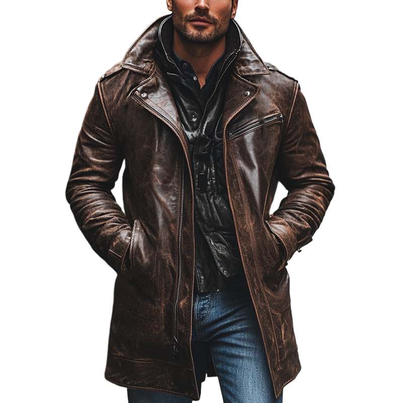 Men's Retro PU Collar Mid-Length Leather Coat MTA0583K6X