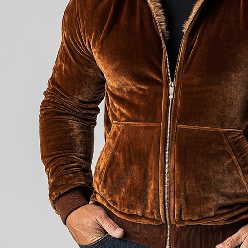 Men's Solid Color Velvet Patchwork Faux Wool Hooded Zip-up Jacket MTA0779K0X