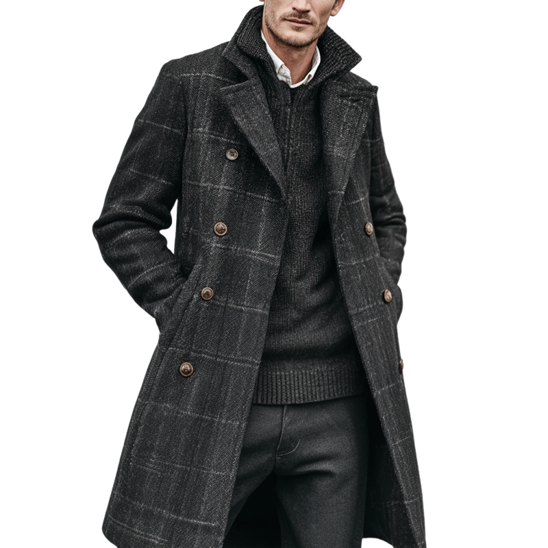Men's Faux Wool Check Lapel Double Breasted Mid-length Coat MTA1066I6Z