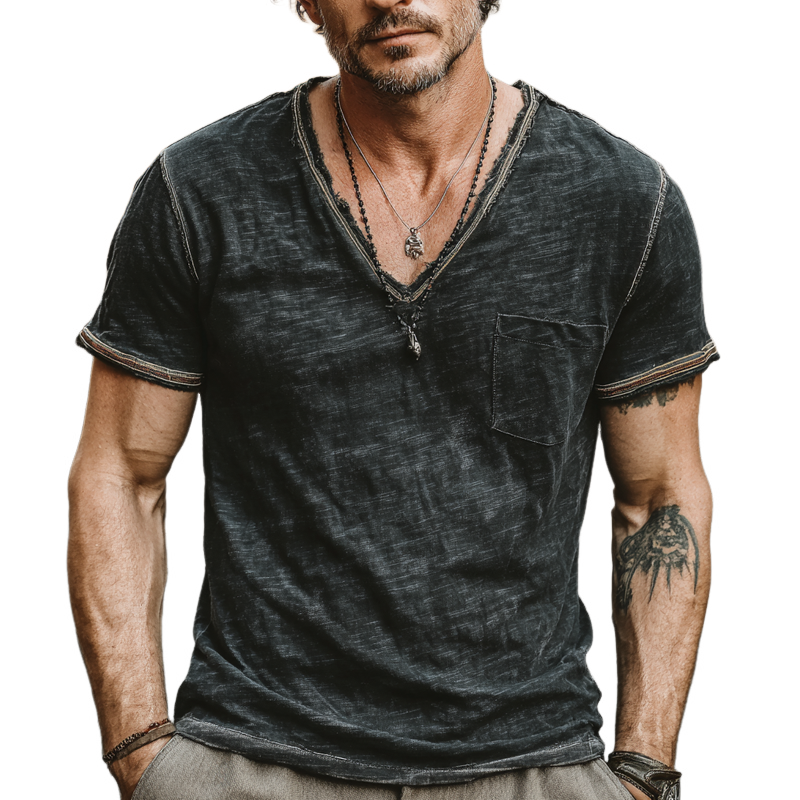 Men's Cotton Blended Solid Color V-Neck Short Sleeve T-Shirt MTA0316G9X