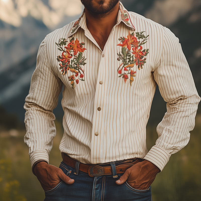 Men's Vintage Casual Floral Embroidery Striped Lapel Long Sleeve Shirt MTA2575G6TO