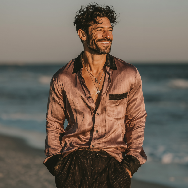 Men's Vintage Elegant Colorblock Satin Lapel Patch Pocket Slim Fit Long Sleeve Shirt MTA1500G0M