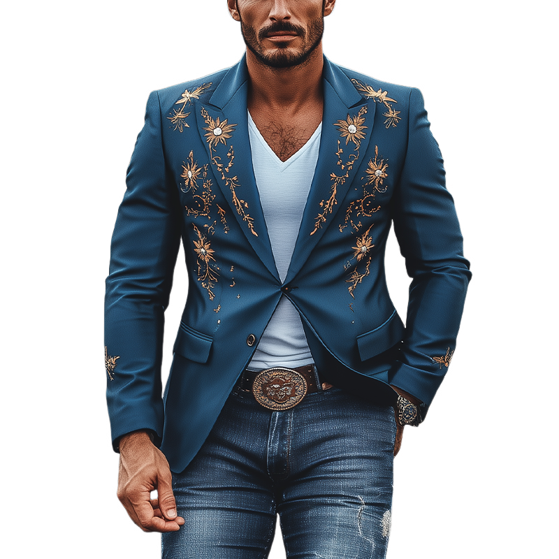 Men's Fashion American Retro Western Style Satin Embroidered Blazer 14388364K