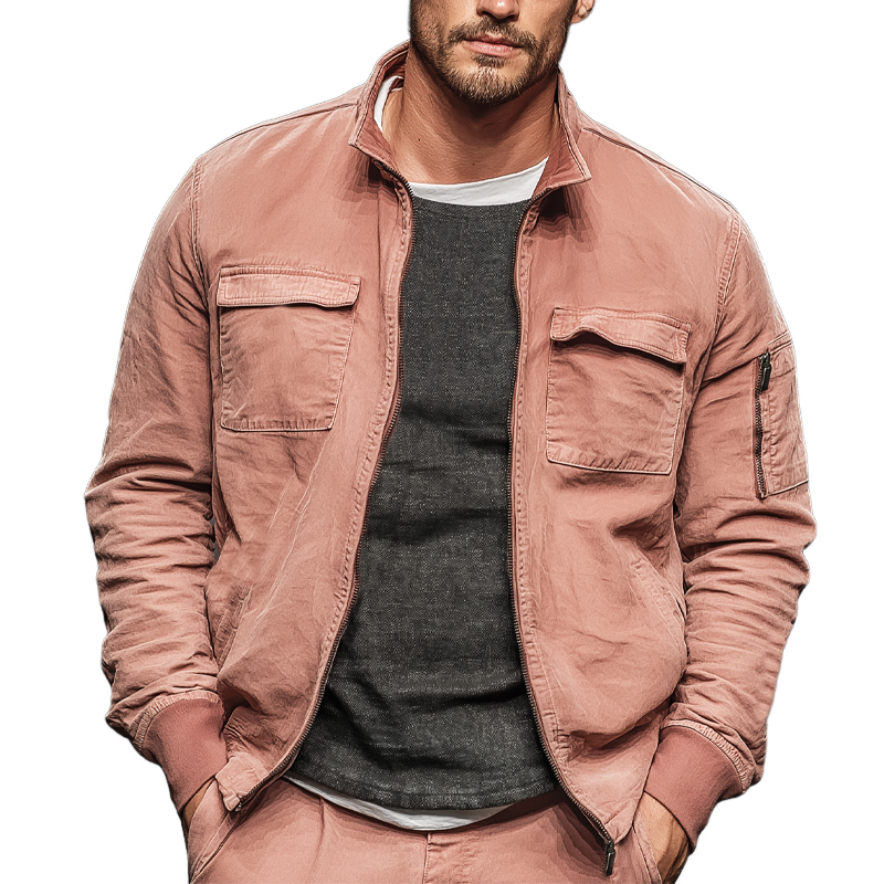 Men's Fashion Pink Washed Cotton Zipper Stand Collar Bomber Jacket MTA2341J8U
