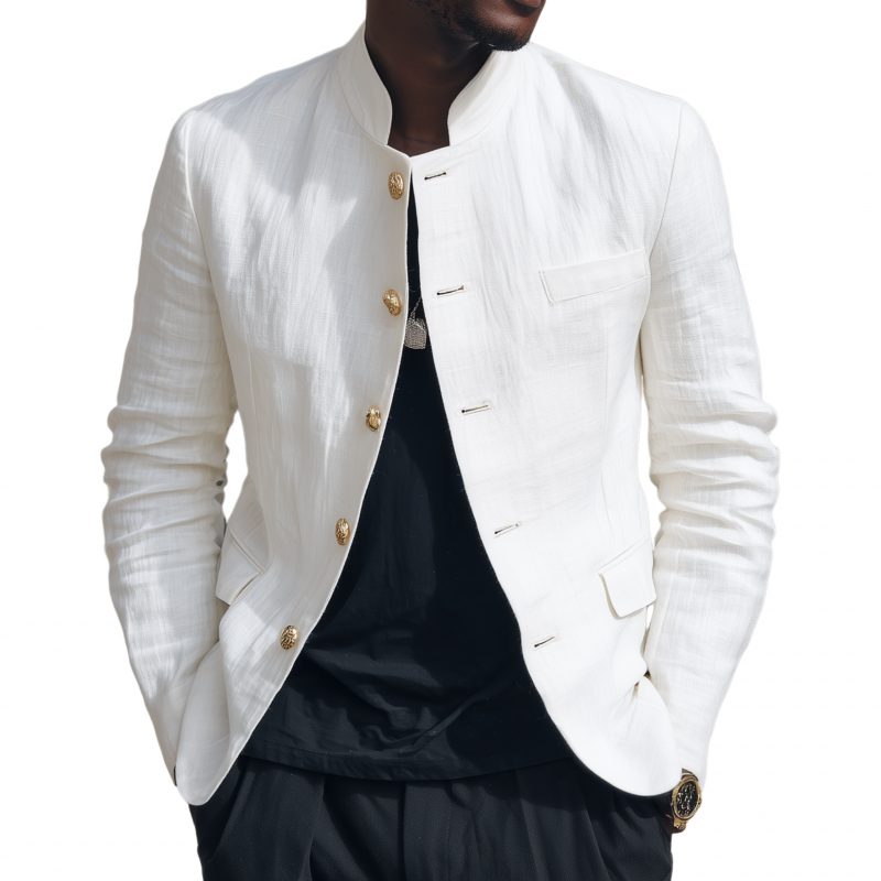 Men's Casual Solid Color Breathable Linen Stand Collar Single Breasted Slim Fit Blazer MTA2960G4M