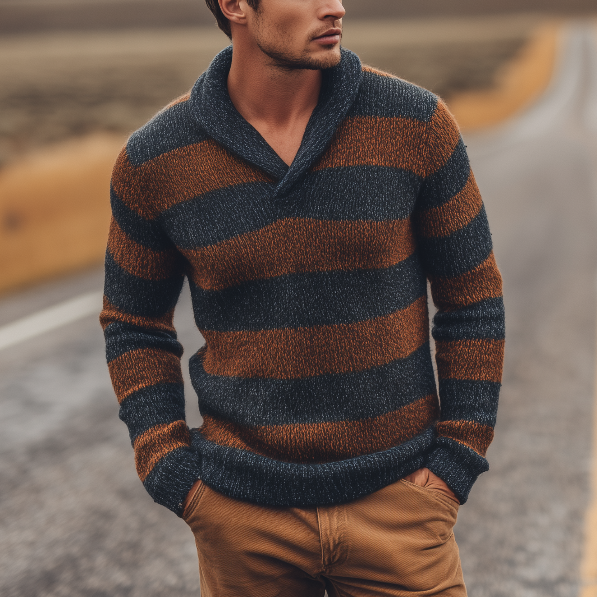 Men's Classic Casual V-neck Contrast Striped Slim-fit Sweater MTA3077H8K