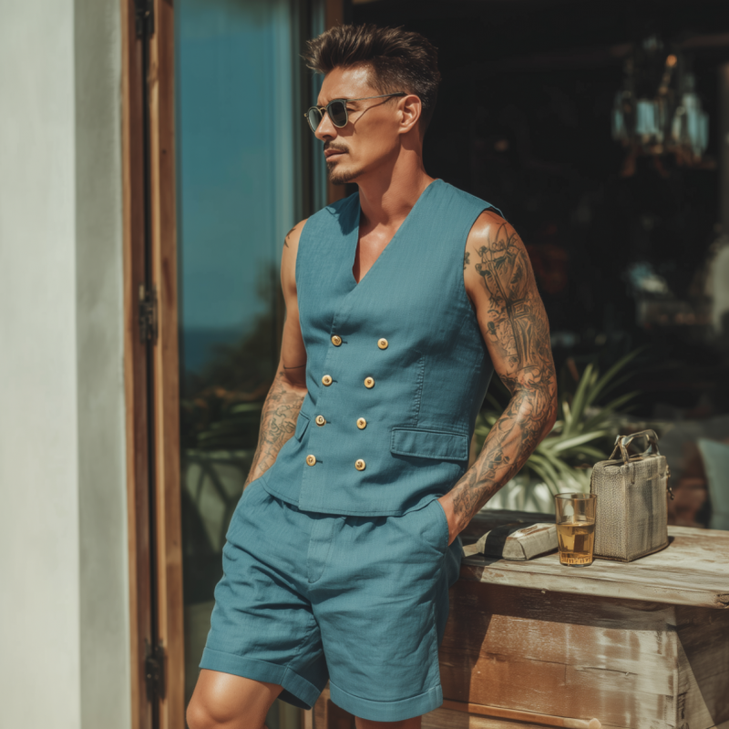 Men's Casual Solid Color Cotton Linen V-neck Double-breasted Slim Suit Vest Shorts Set MTA1852F9M