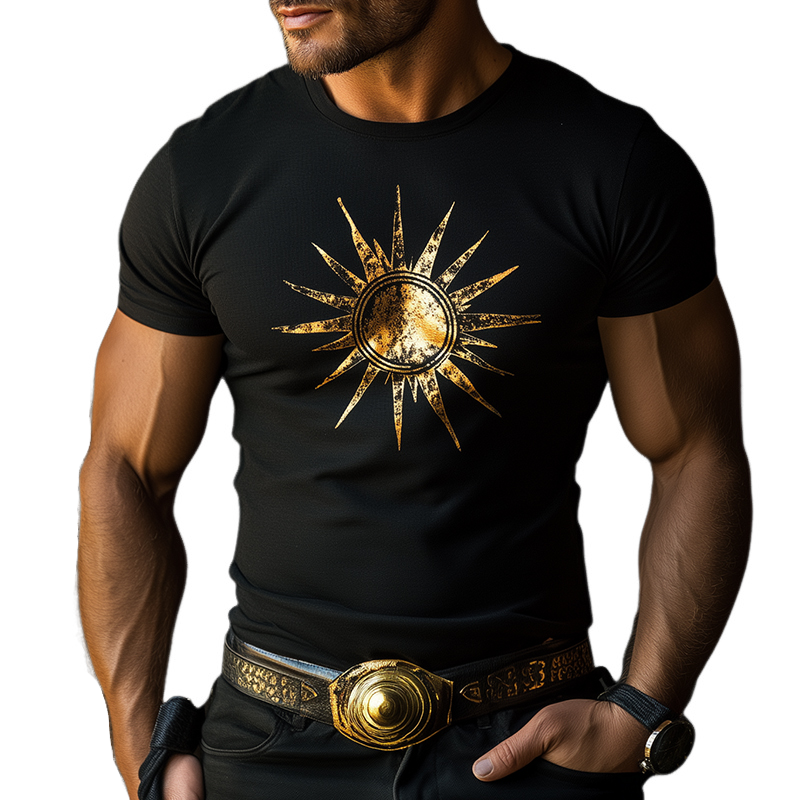 Men's Retro Casual Gold Sun Print Cotton Round Neck Short Sleeve T-Shirt 88143232TO