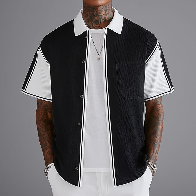 Men's Business Black And White Stitching Knitted Short-Sleeved Shirt MTA0984E5U