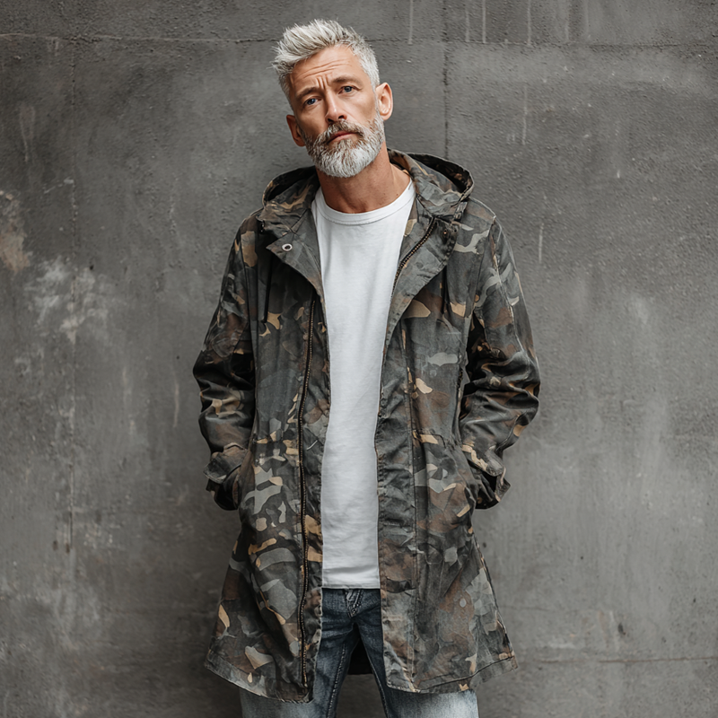 Men's Camouflage Hooded Mid-length Cargo Coat MTA1441H9Z