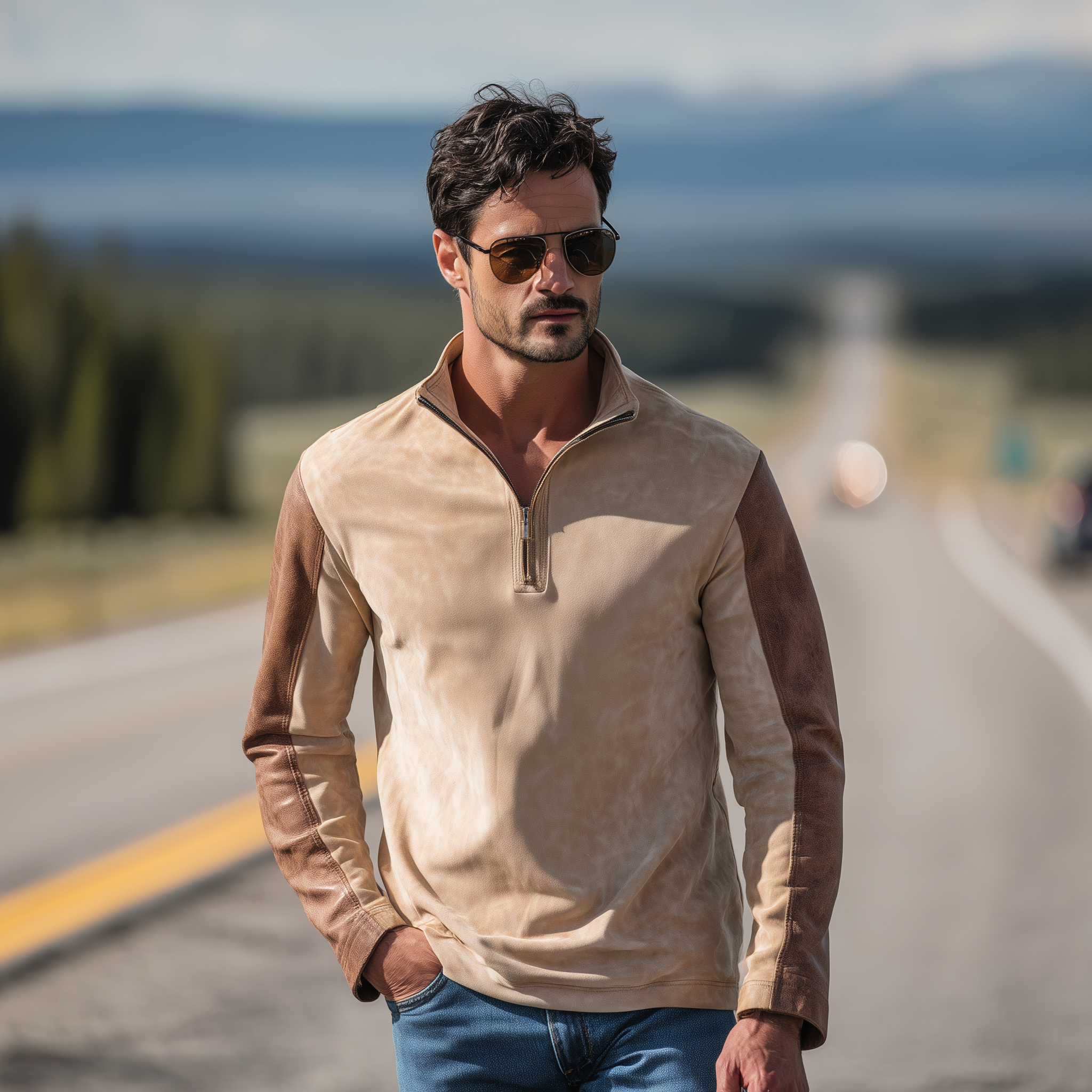 Men's Classic Retro Western Style Sleeves Stitching PU Leather Stand Collar Suede Long-sleeved T-shirt MTA1907H4K