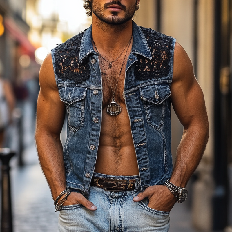 Men's Lace Stitching Denim Lapel Single Breasted Vest MTA2834E9Z