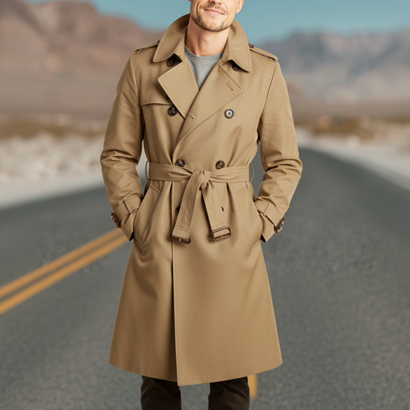 Men's Autumn Fashion Twill Cotton Double-Breasted Trench Coat (Including Belt) MTA1008J0P