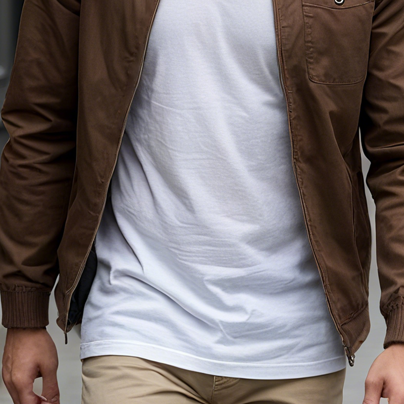 Men's Solid Color Cotton Stand Collar Chest Pocket Zipper Jacket MTA1291I2Z