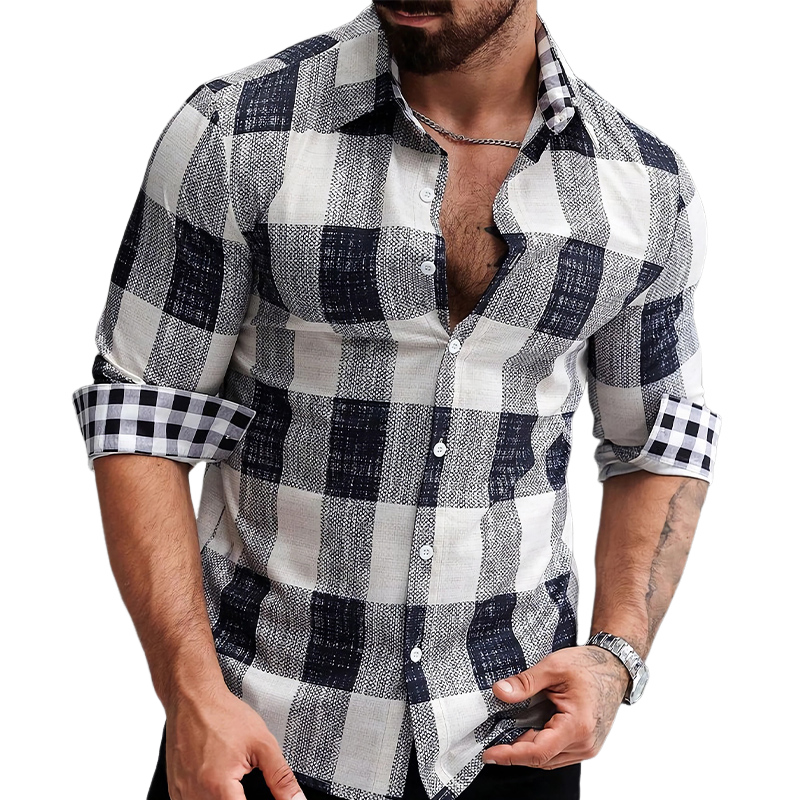 Men's Classic Black and White Plaid Long Sleeve Shirt 28315509U