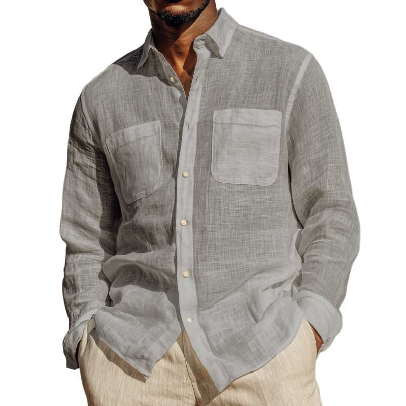 Men's Casual Solid Color Breathable Linen Lapel Patch Pocket Loose Long Sleeve Shirt MTA0457G4M