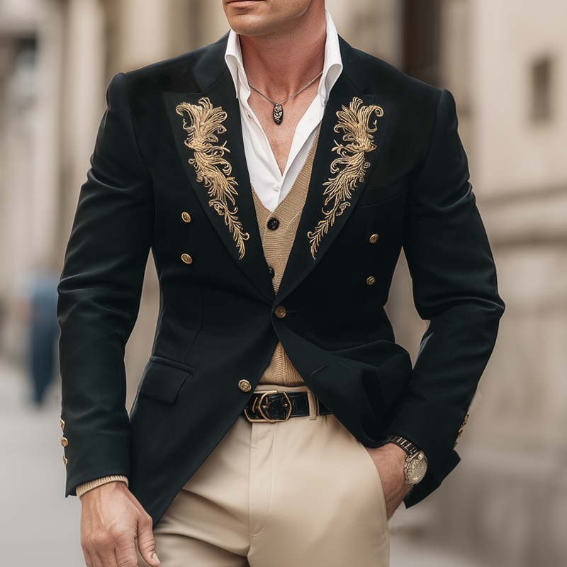 Men's Exquisite Gold Embroidered Two-button Notched Lapel Blazer MTA1898H8U