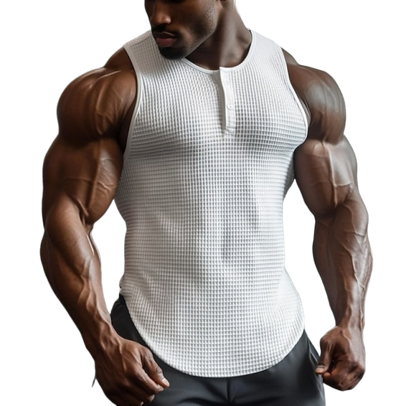 Men's Solid Color Henley Collar Sleeveless Tank Top MTA0707E3Z