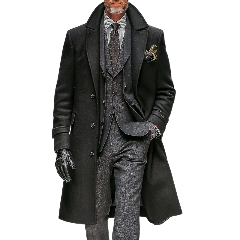 Men's Retro Casual Solid Color Faux Tweed Lapel Long Coat MTA1959I9TO