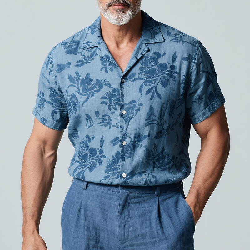 Men's Retro Casual Floral Print Linen Lapel Short Sleeve Shirt MTA2784F3TO