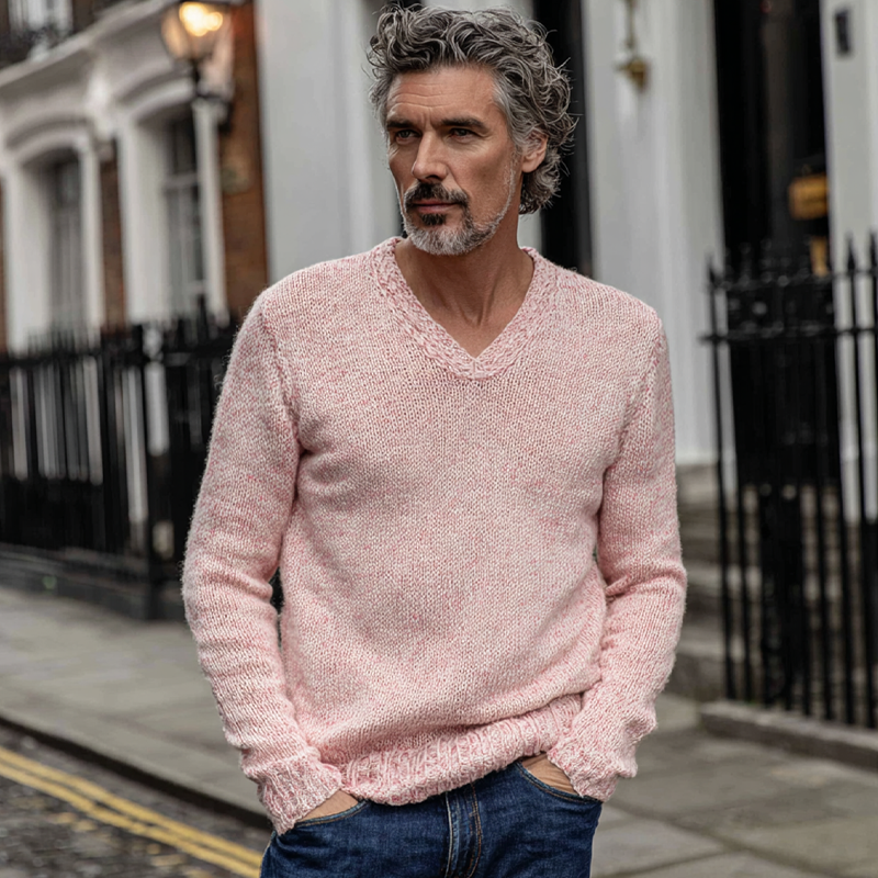Men's Solid Color V-neck Knitted Pullover Sweater MTA1426H7X