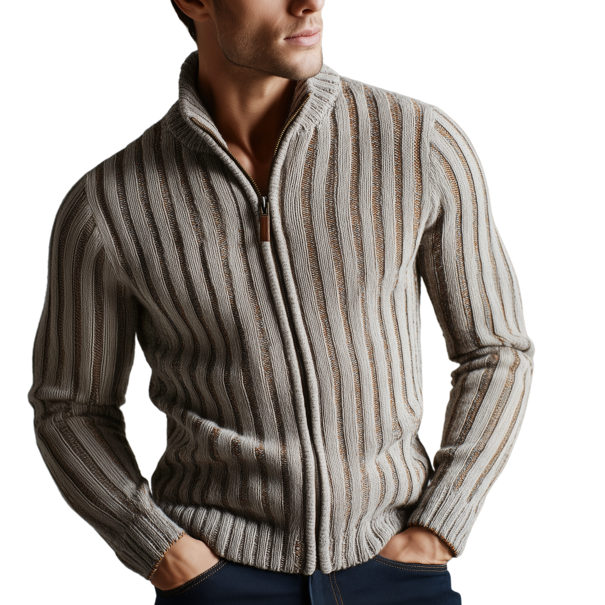 Men's Classic Retro Striped Jacquard Stand Collar Knitted Cardigan MTA2377I4K