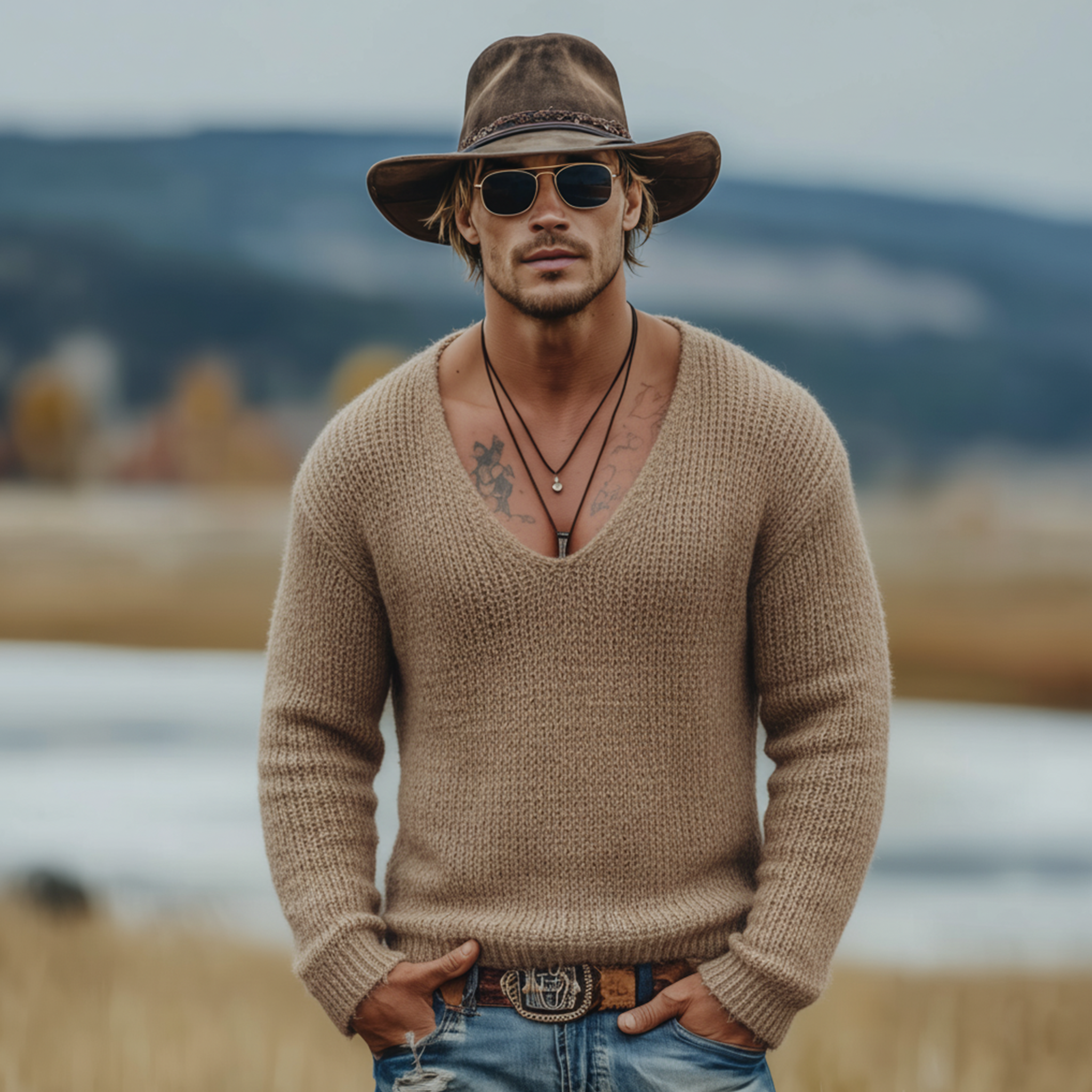 Men's Classic Western Tough Guy Style Deep V-neck Sweater MTA2717K8K