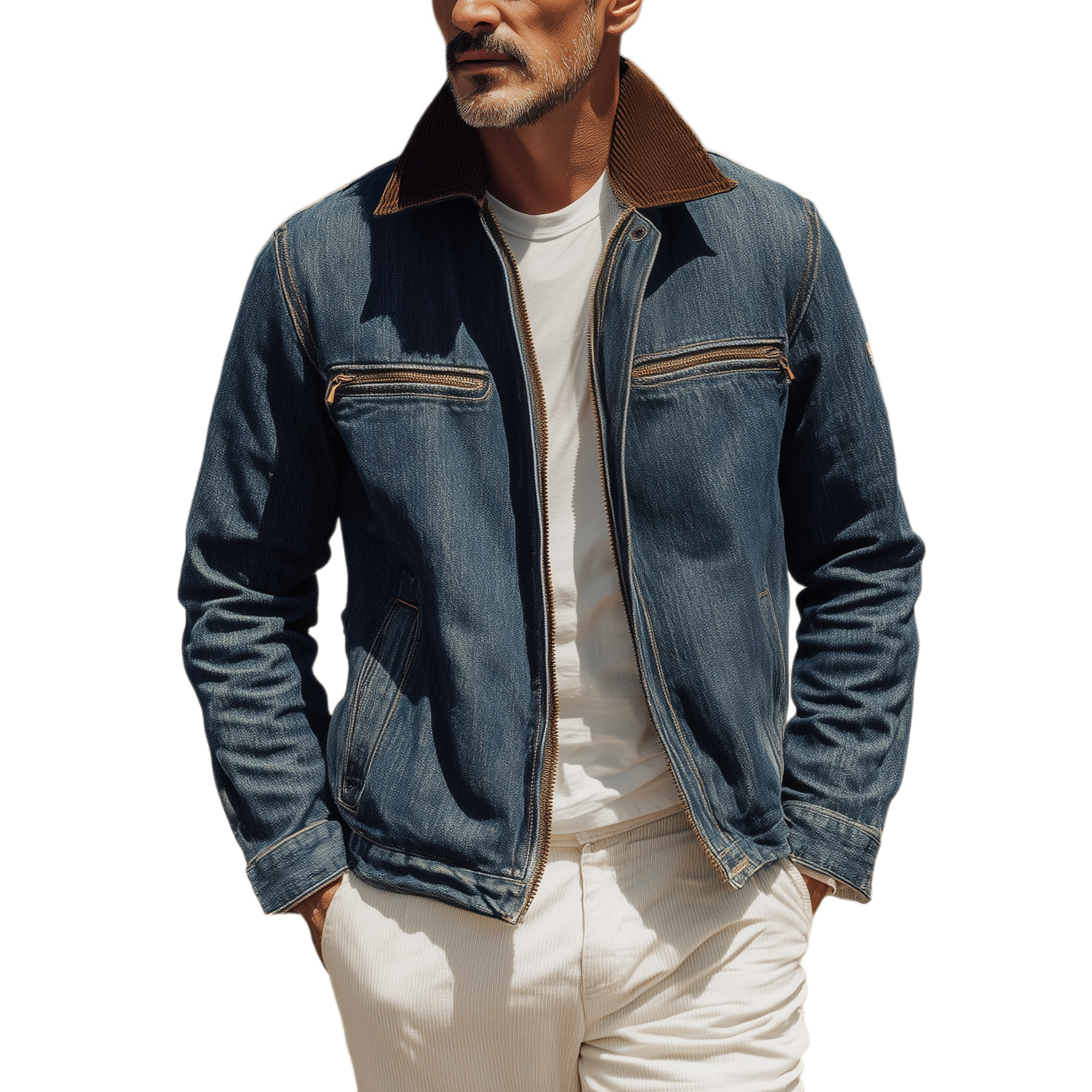 Men's Classic Retro Western Style Corduroy Collar Zipper Denim Washed Jacket MTA0746H7K
