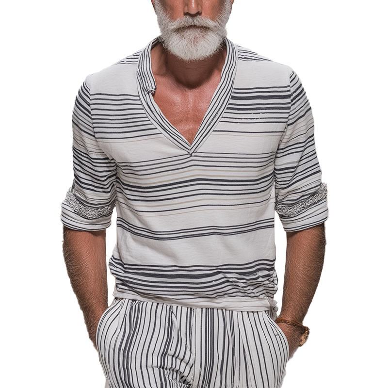 Men's Summer Striped Print Cotton Blended V-Neck Short Sleeve T-Shirt MTA1899G1P