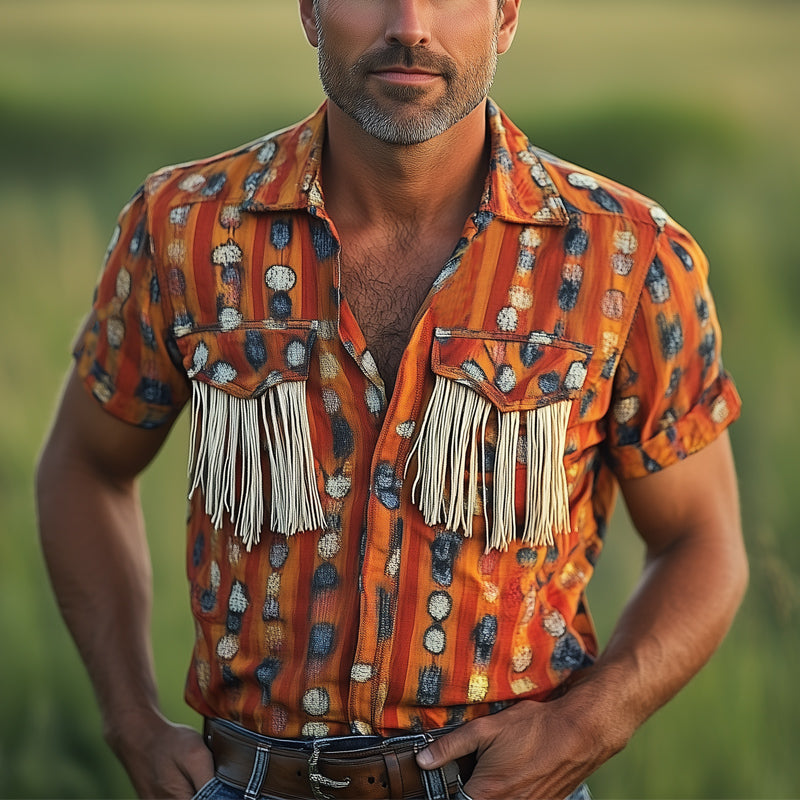 Men's Retro Printed Tassel Short Sleeve Shirt MTA2848D2U