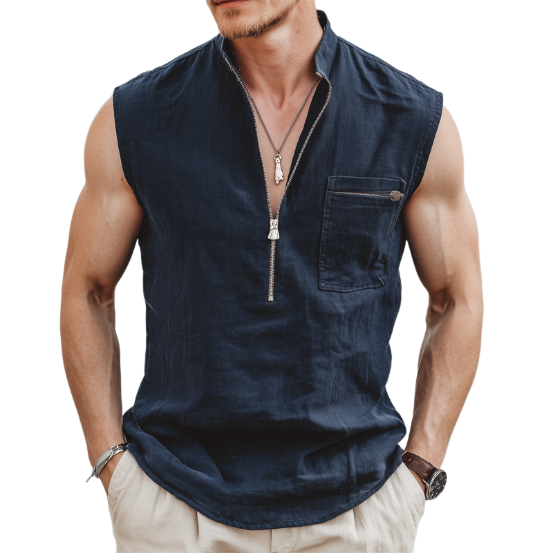 Men's Summer Cotton Solid Color Half Zip Stand Collar Tank Top MTA1001G7U