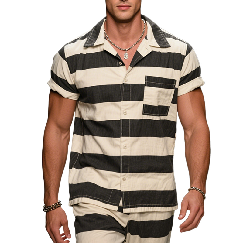 Men's Vintage Casual Tribute Free Wash Lapel Short Sleeve Shirt MTA2485F0TO