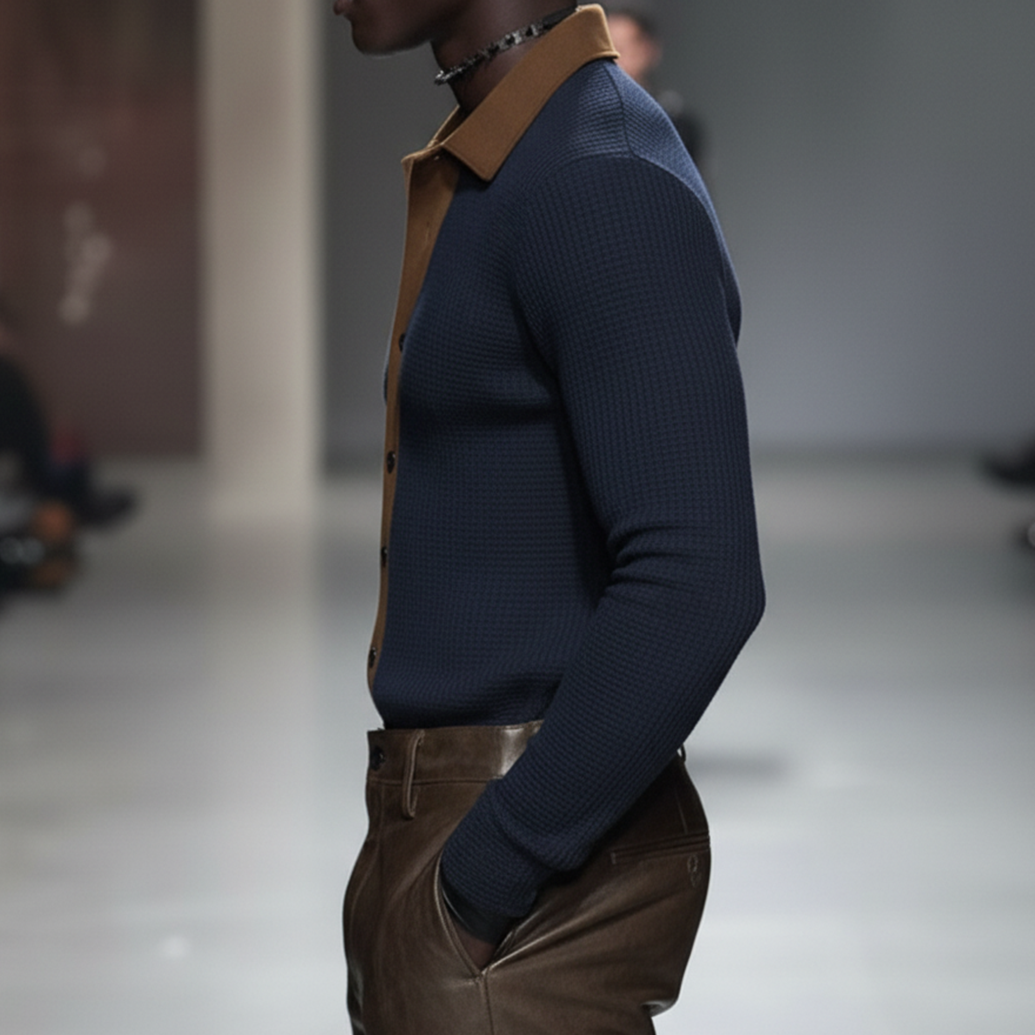 Men's Classic Casual Suede And Waffle-knit Patchwork Slim-fit Long-sleeved Shirt MTA0877L4K